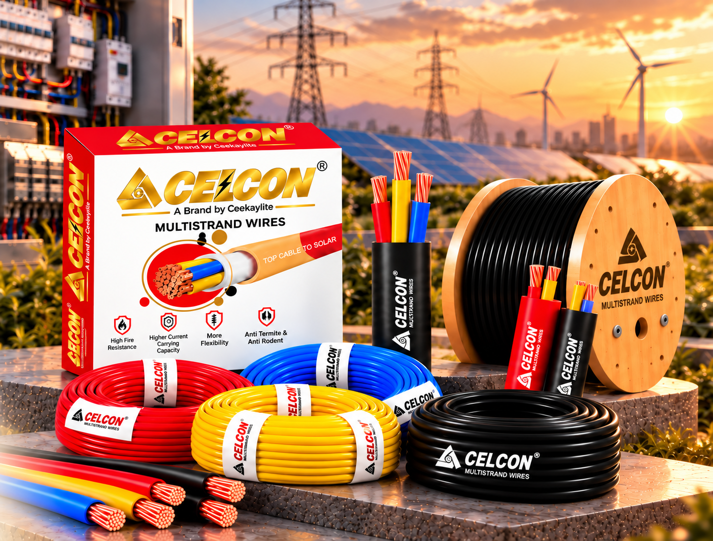 Celcon cable boxes, coloured wire coils and black cable drum